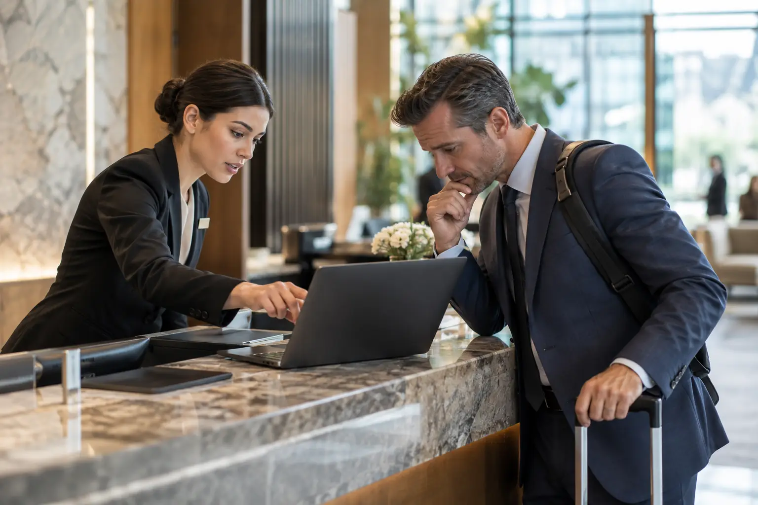 Conseiller organisant les déplacements professionnels d’une cliente