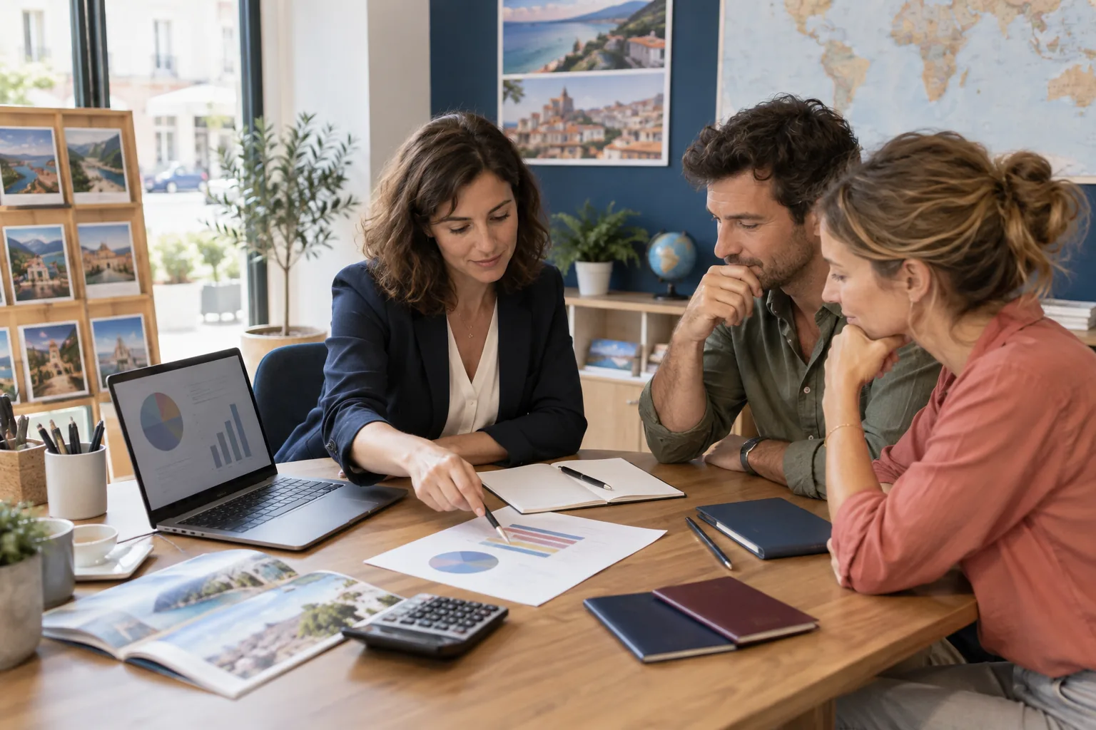 Couple préparant son budget de voyage avec une conseillère