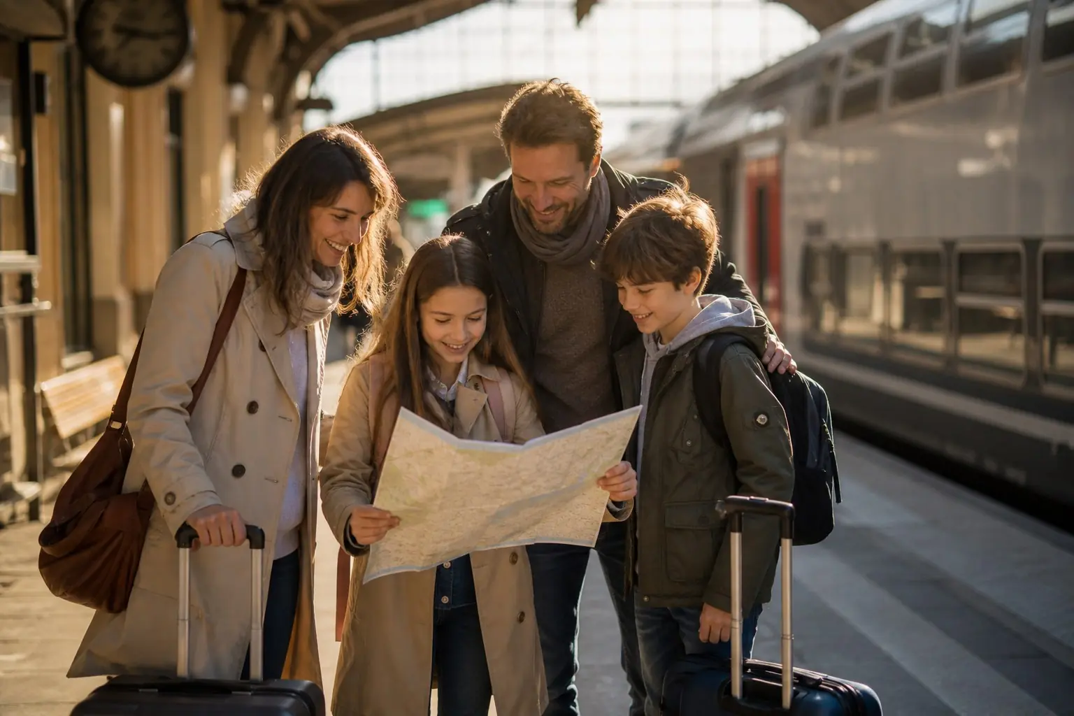 Famille préparant son départ à la gare