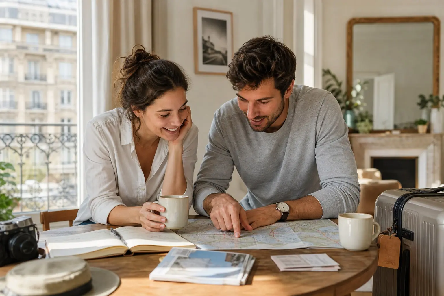 Couple préparant son projet de voyage à la maison