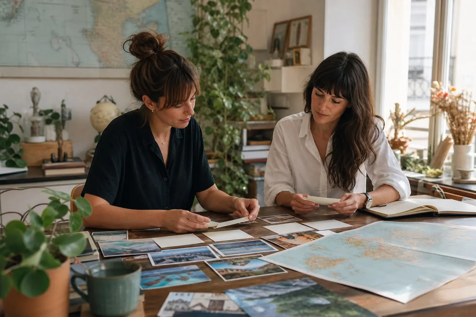 Concepteurs de voyages préparant un itinéraire sur une grande table
