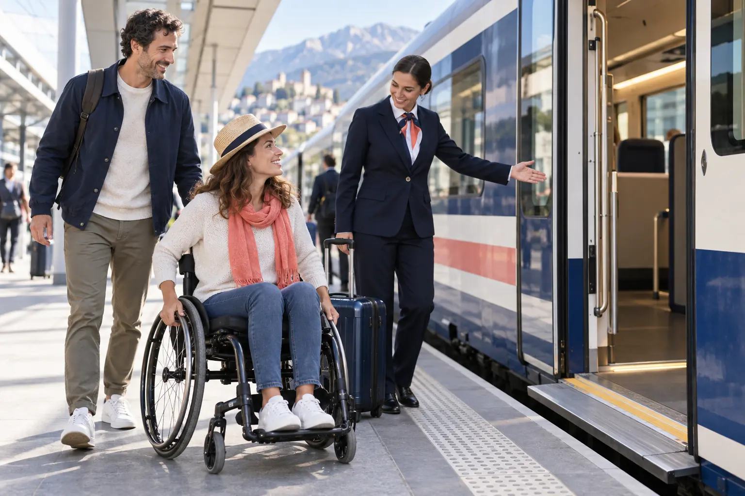 Voyageuse en fauteuil roulant accueillie sur le quai d’un train