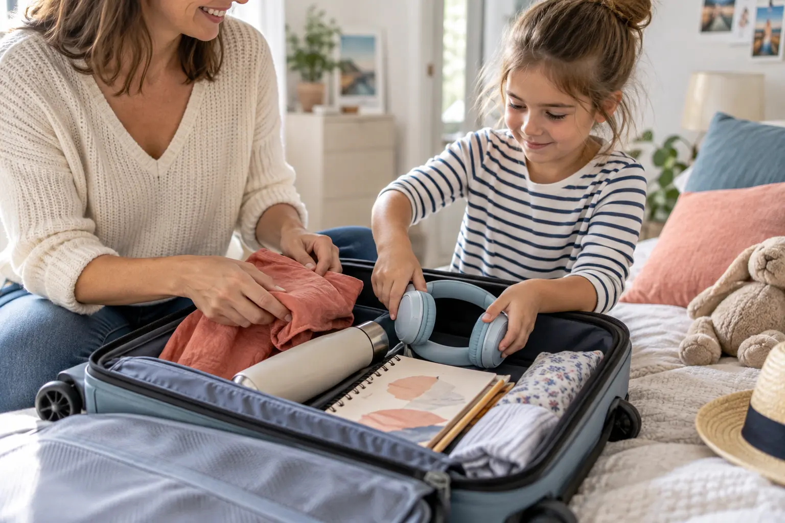 Parent et enfant préparant ensemble une valise