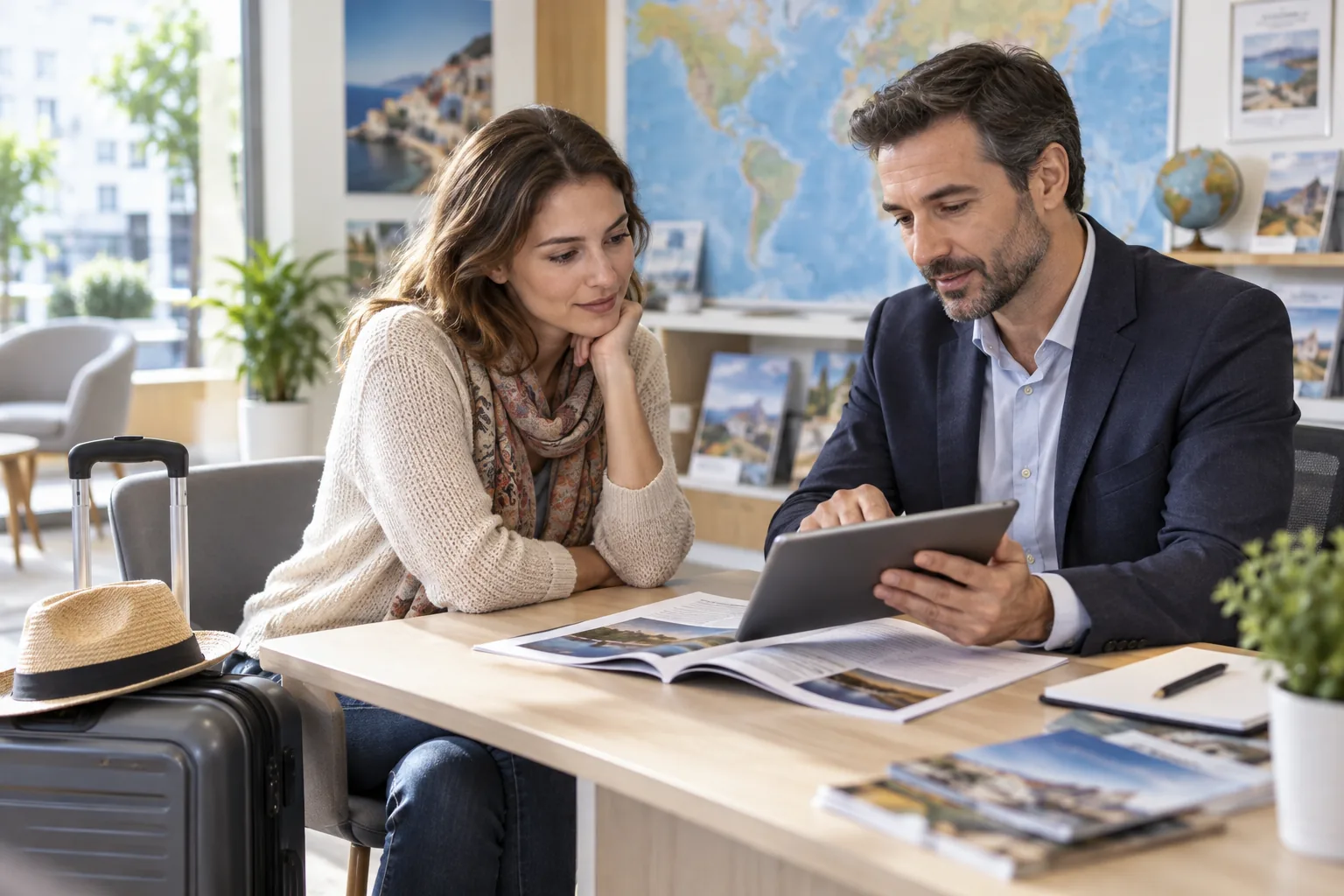 Voyageuse étudiant les garanties d’une assurance avec un conseiller
