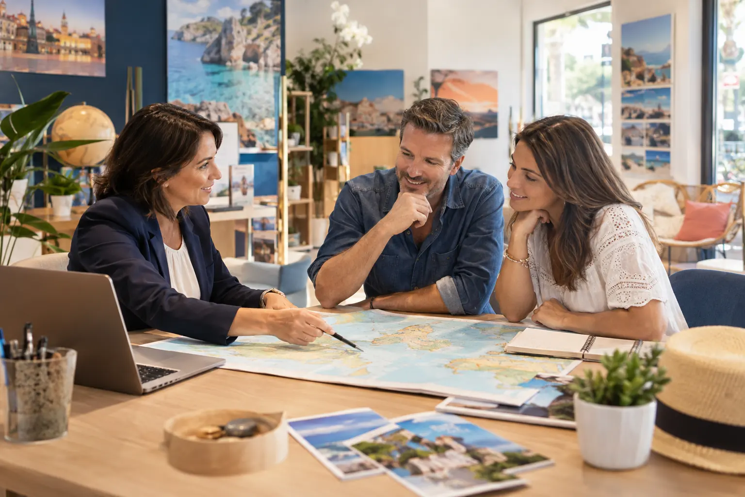 Conseillère en voyages échangeant avec un couple autour d’une carte