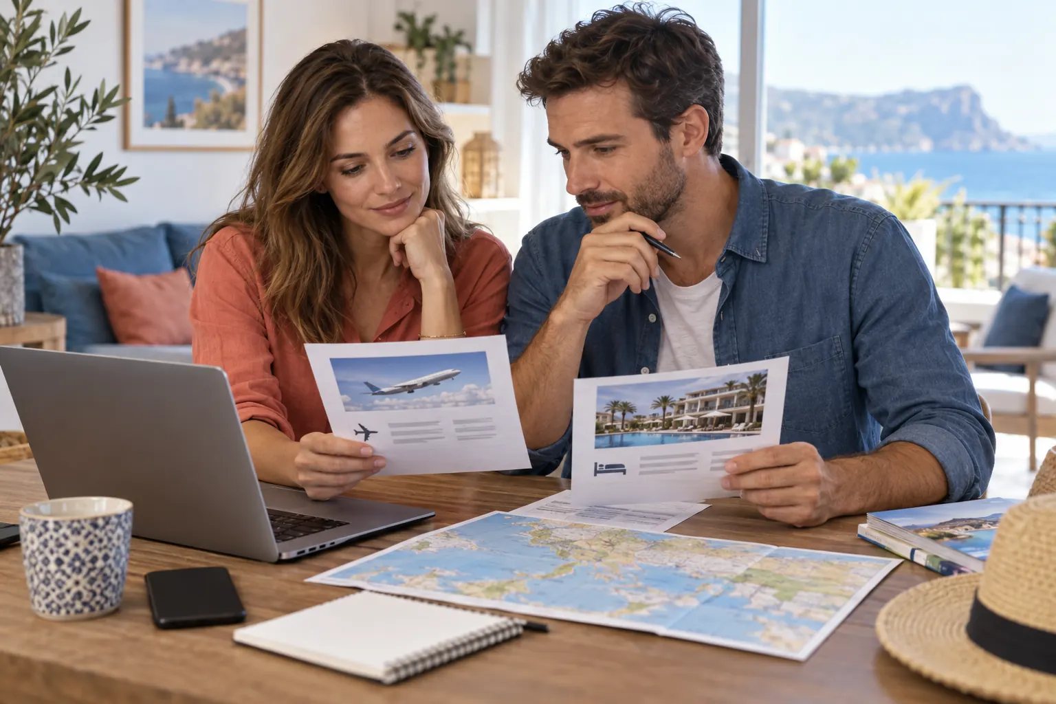 Voyageurs comparant les documents d’un vol et d’un hébergement