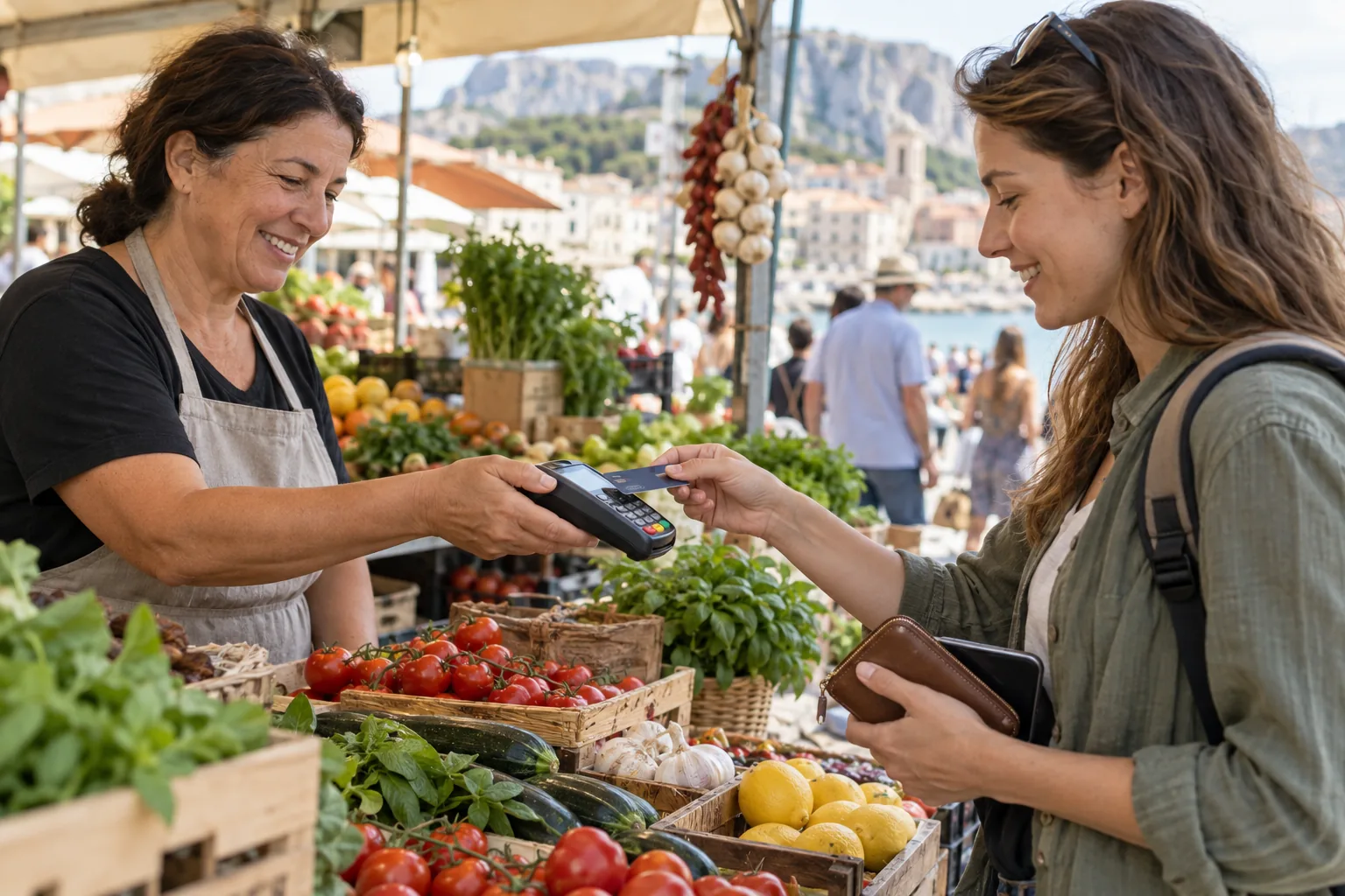 Voyageuse réglant un achat par carte sur un marché à l’étranger