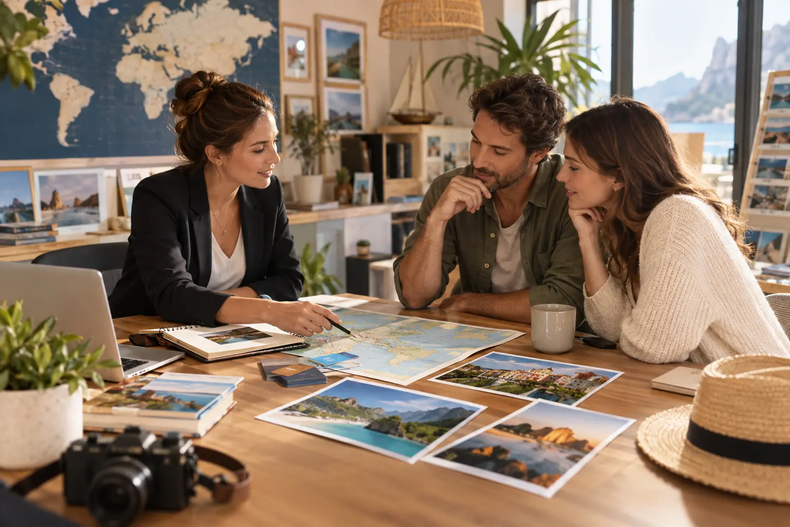 Couple construisant un itinéraire sur mesure avec une conseillère en voyages