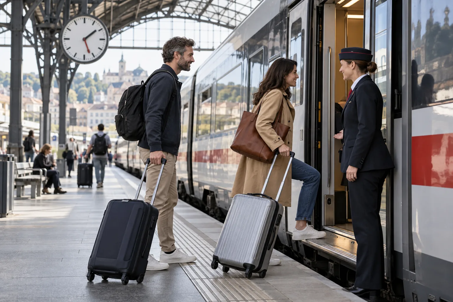 Voyageurs montant dans un train intercités avec leurs bagages