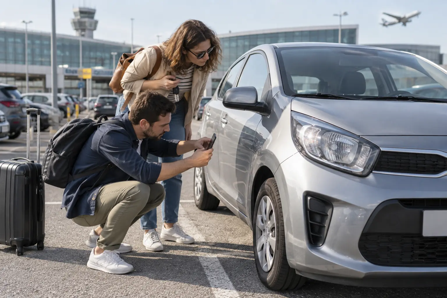 Voyageur préparant un trajet près d’une voiture de location