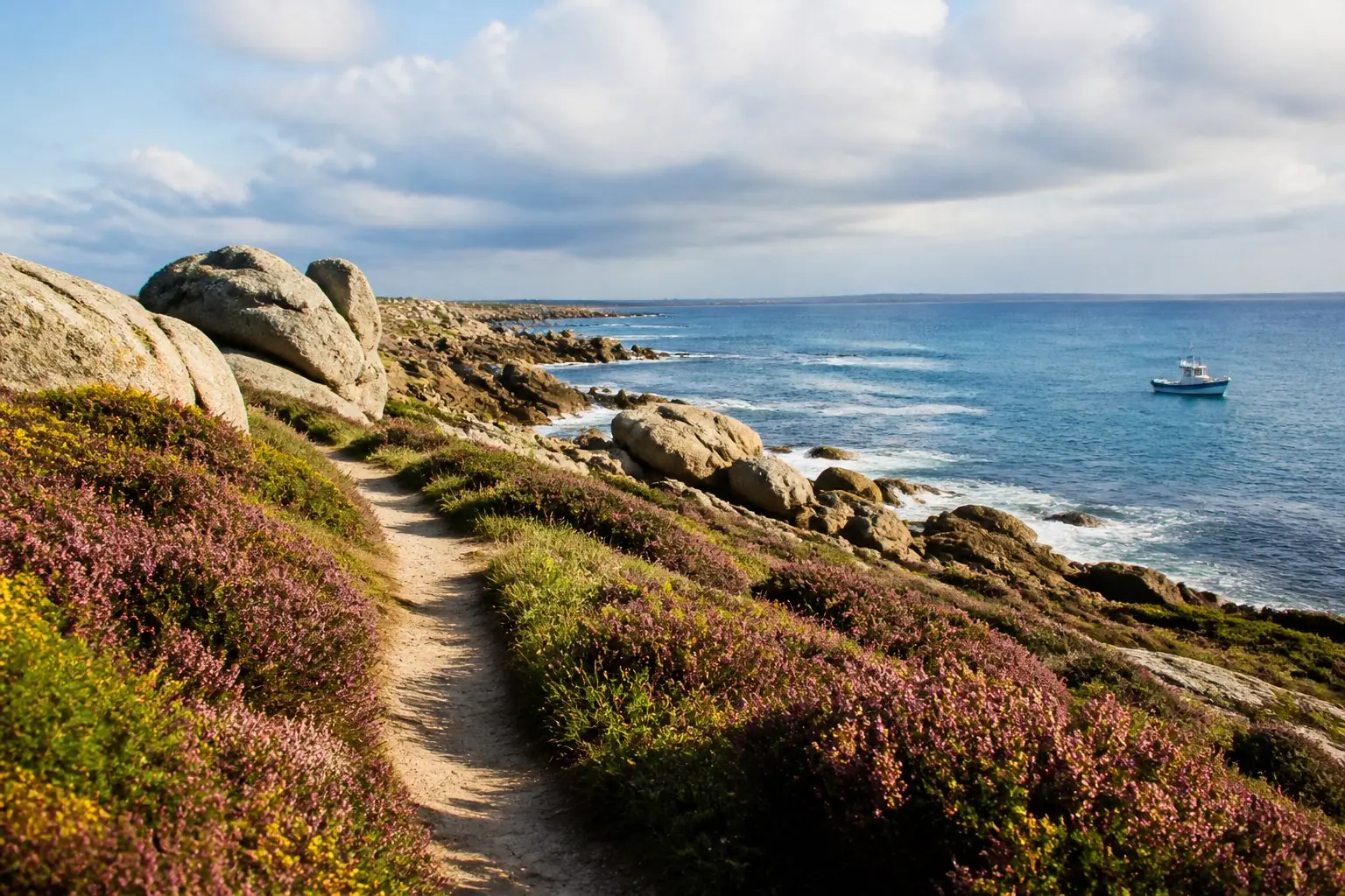Sentier côtier, bruyère et mer en Bretagne