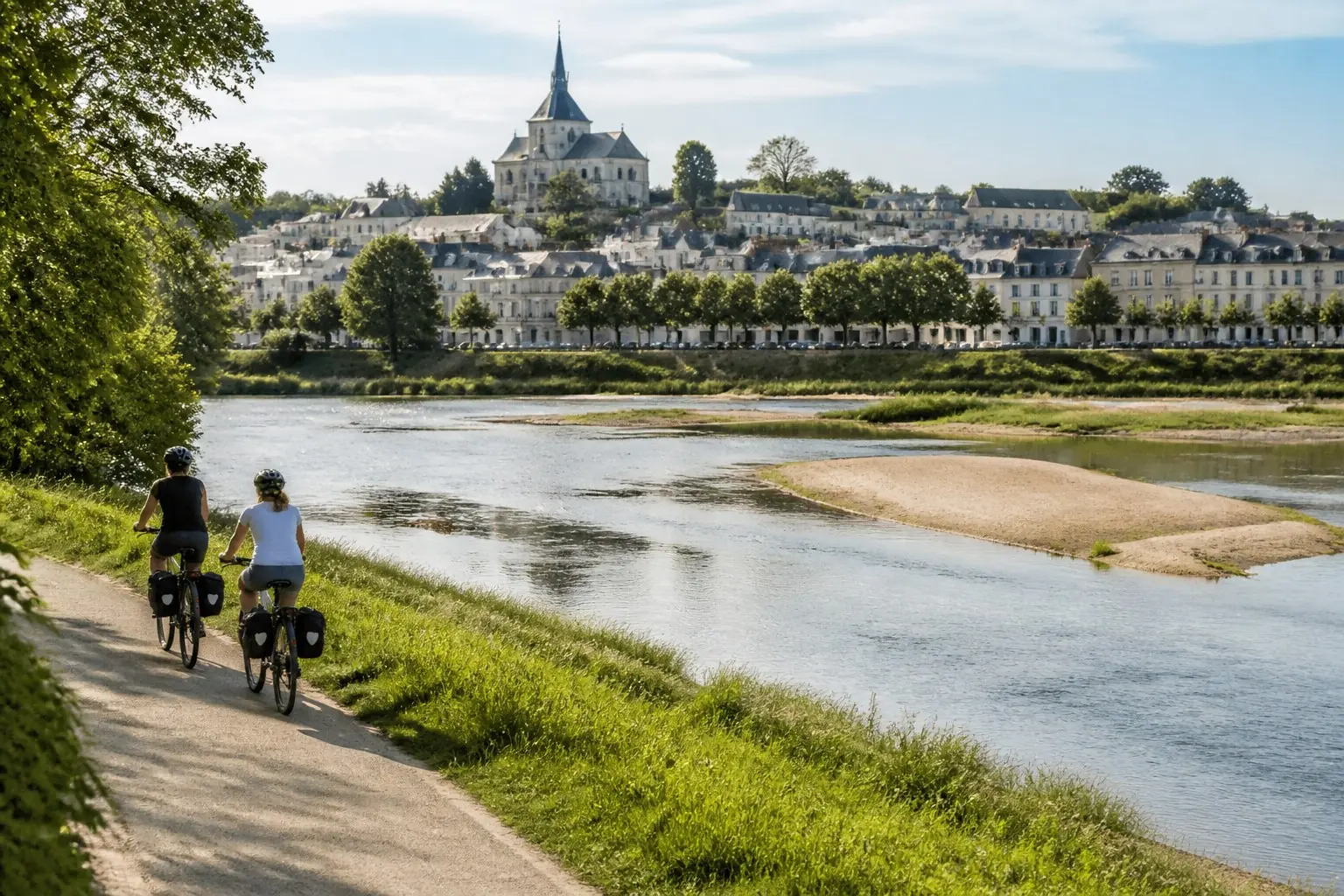 Cyclistes au bord de la Loire face à une ville historique