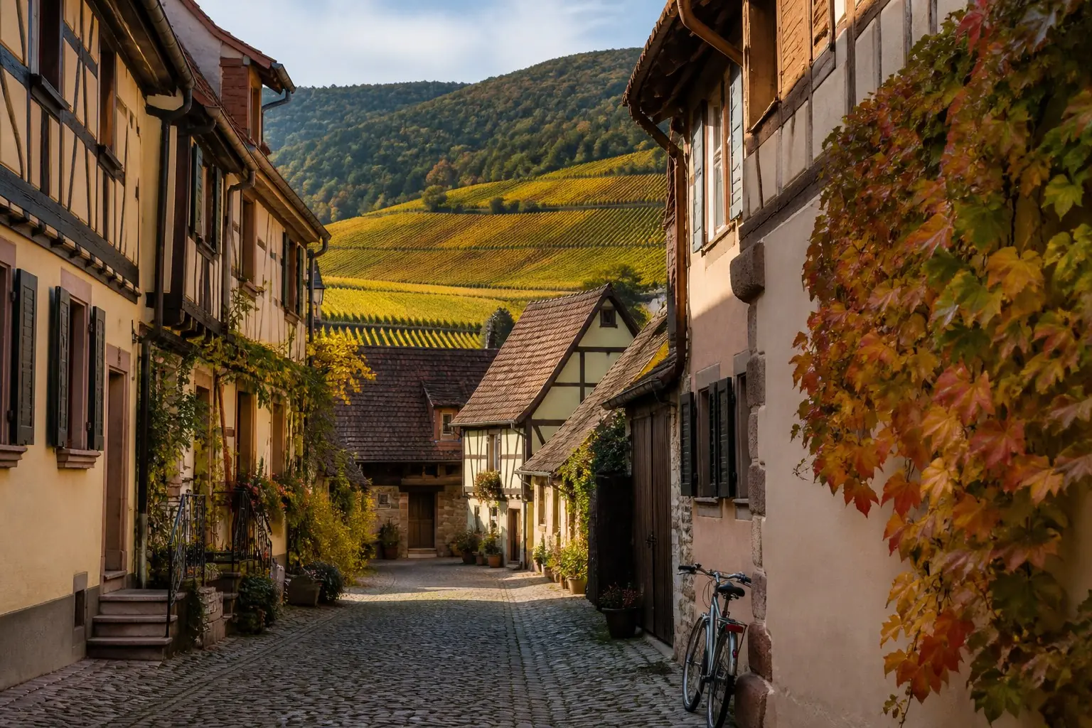 Rue alsacienne bordée de maisons à colombages et de vignobles