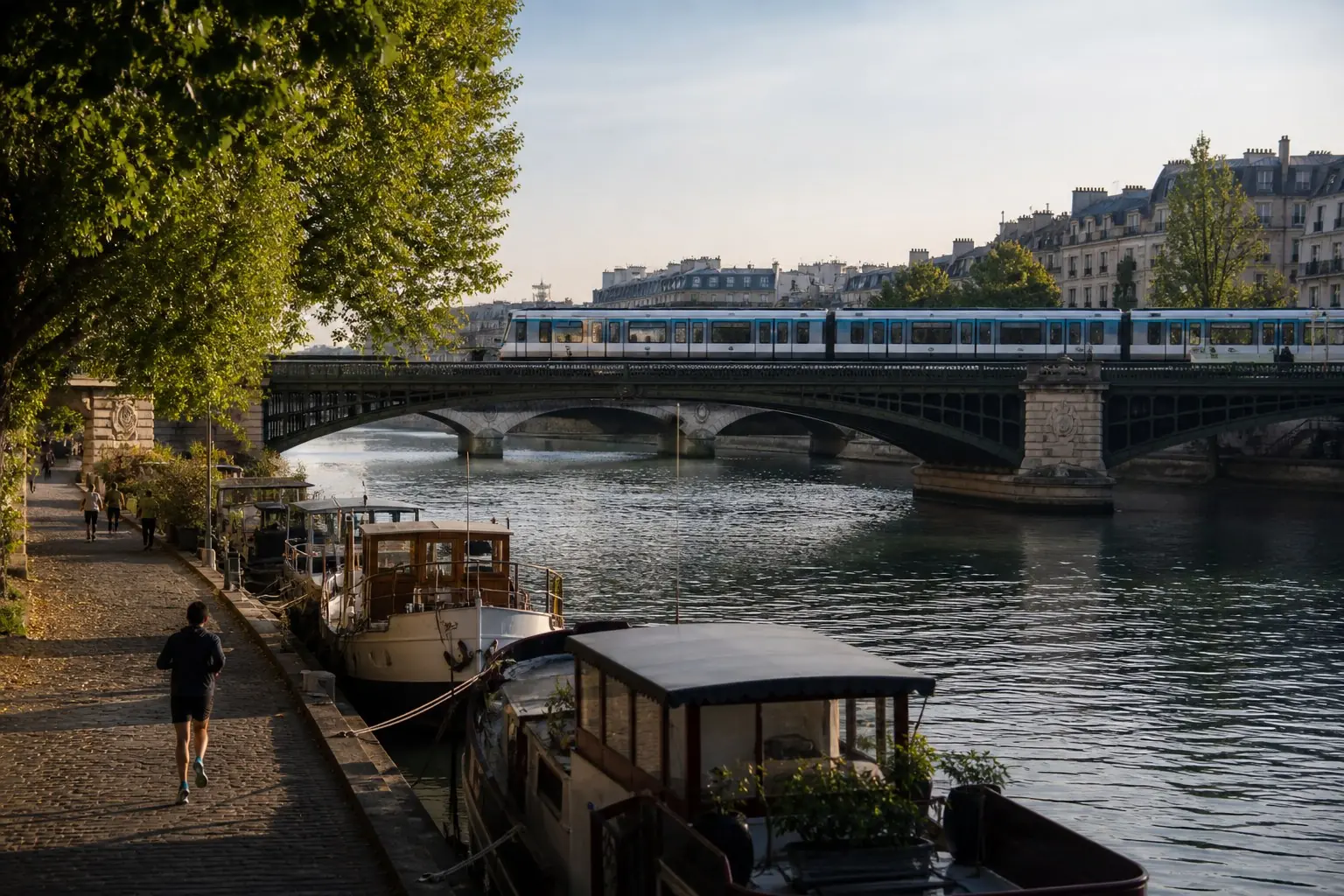 Train régional traversant un pont au bord de la Seine en Île-de-France