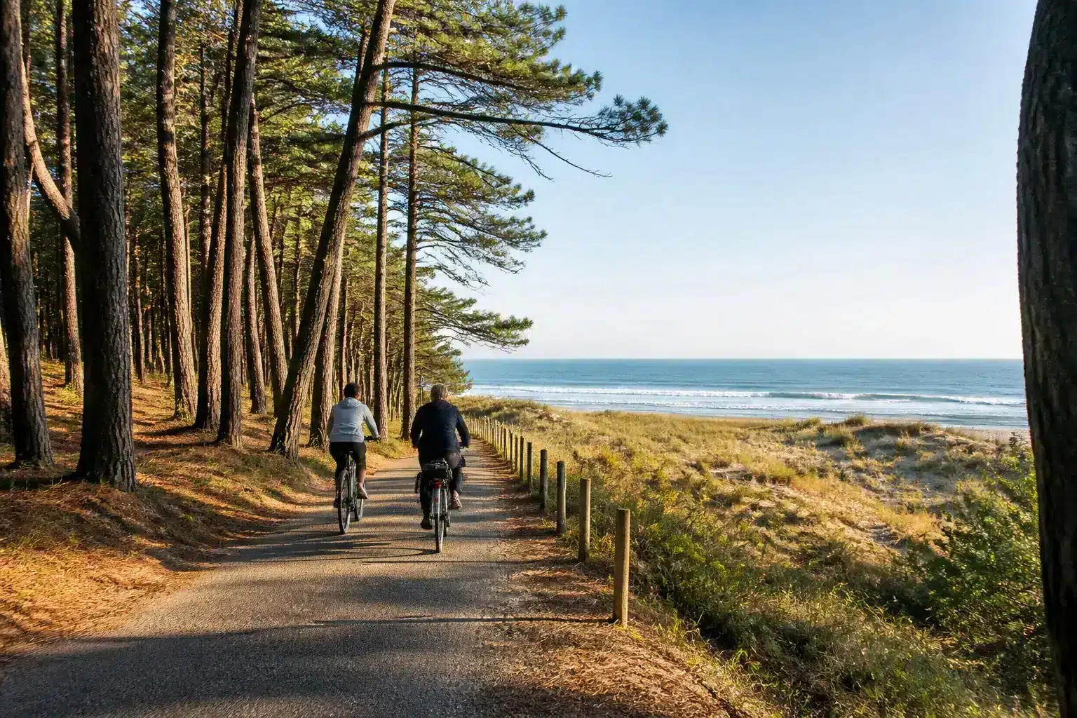Piste cyclable entre pinède, dune et océan en Nouvelle-Aquitaine