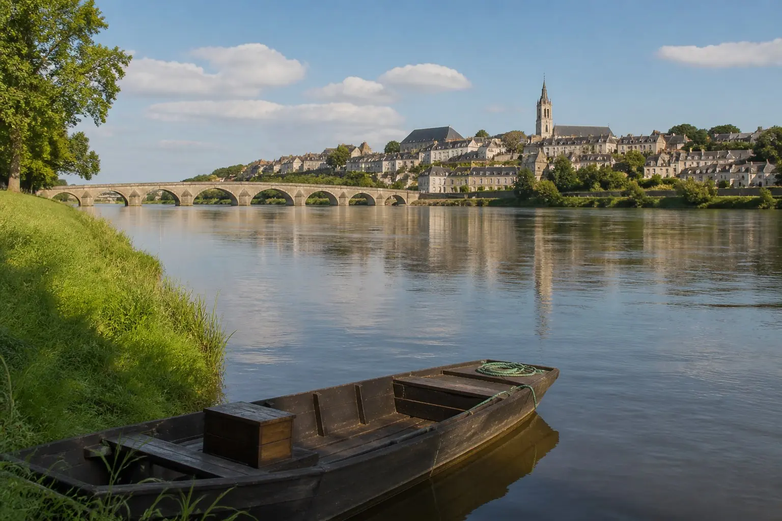 Bateau traditionnel sur la Loire face à une ville historique